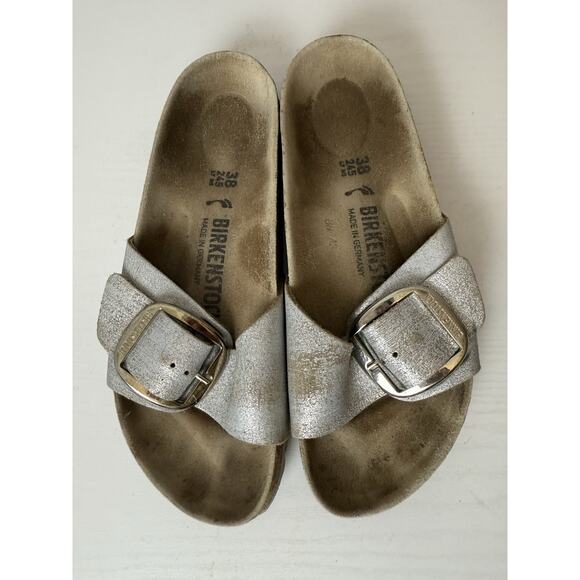 Birkenstock Metallic Madrid Silver Big Buckle Single Strap Sandal Slides Size 38 - Picture 1 of 4